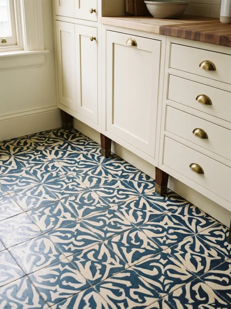 Encaustic cement floor tiles in navy and cream geometric pattern beneath warm cream kitchen cabinets