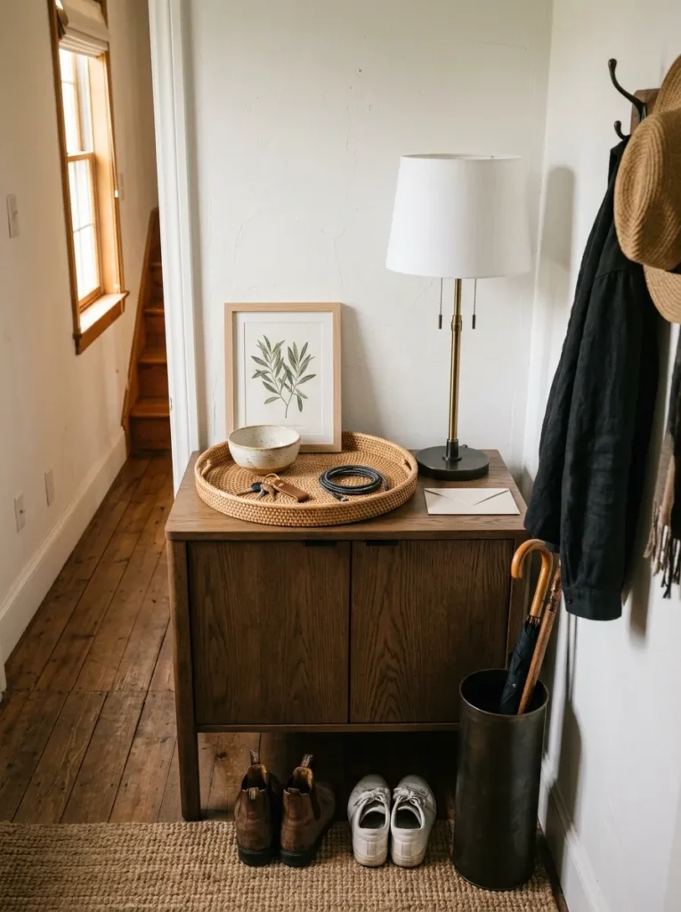 Narrow entryway with a slim dark buffet cabinet holding a rattan tray with a key bowl and mail, a brass lamp, and a small leaned frame against the wall
