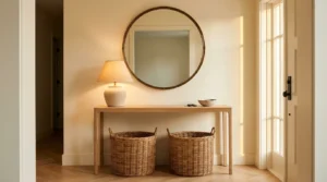 White oak console table with a round brass mirror, ceramic lamp, and two rattan baskets below in a warm cream entryway