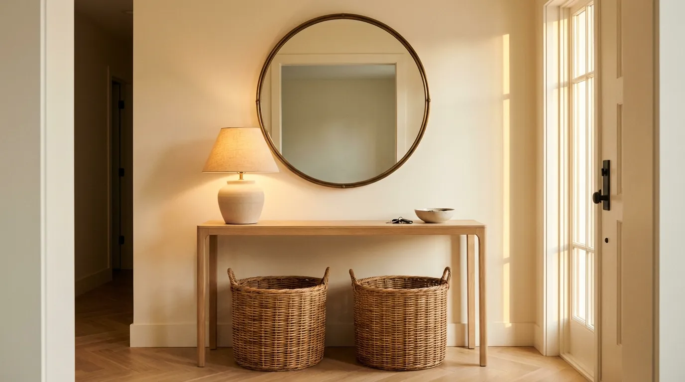 White oak console table with a round brass mirror, ceramic lamp, and two rattan baskets below in a warm cream entryway