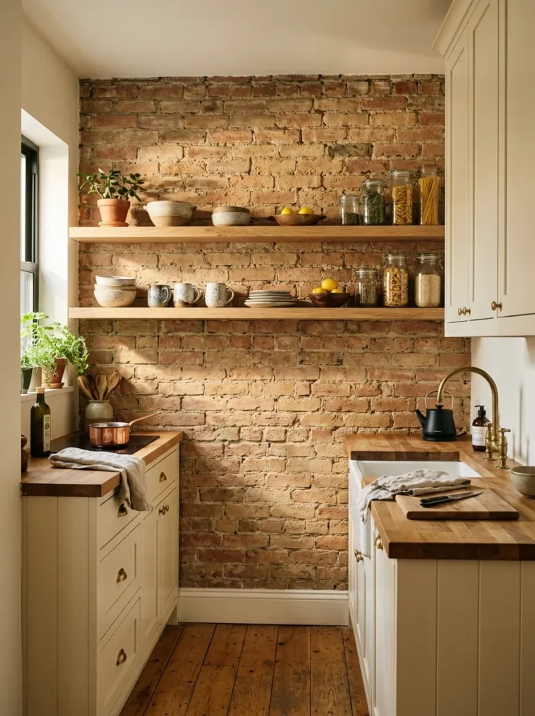 Exposed aged brick kitchen wall behind open oak shelves with cream cabinets visible to the side