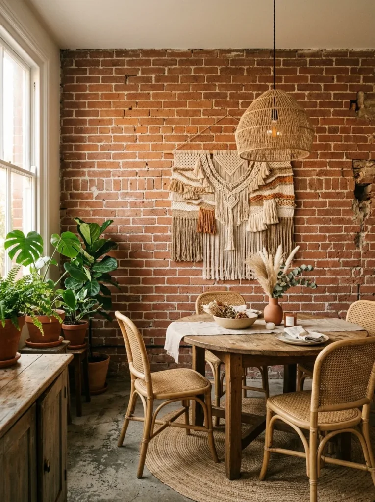 Exposed aged brick wall behind a round dining table in a boho dining room, with a large woven wall hanging as the only decoration
