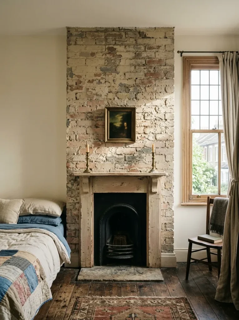  Bedroom with an exposed brick chimney breast in original painted finish beside the bed