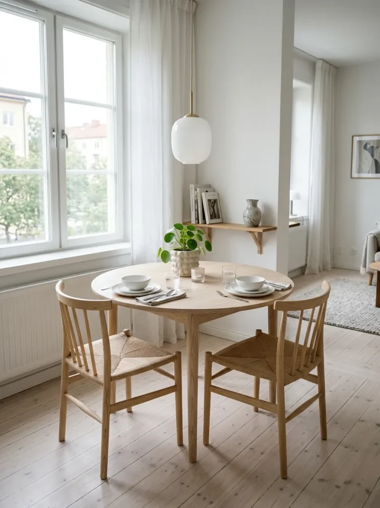 Round extendable dining table at its compact two-seat size in a small apartment dining area