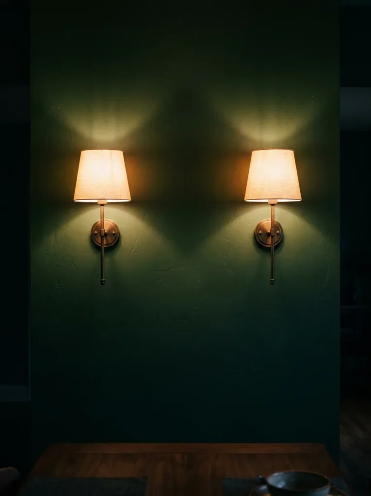 Pair of fabric-shade wall sconces mounted at 150cm on a deep forest green dining room wall, both lit with warm amber light in the evening