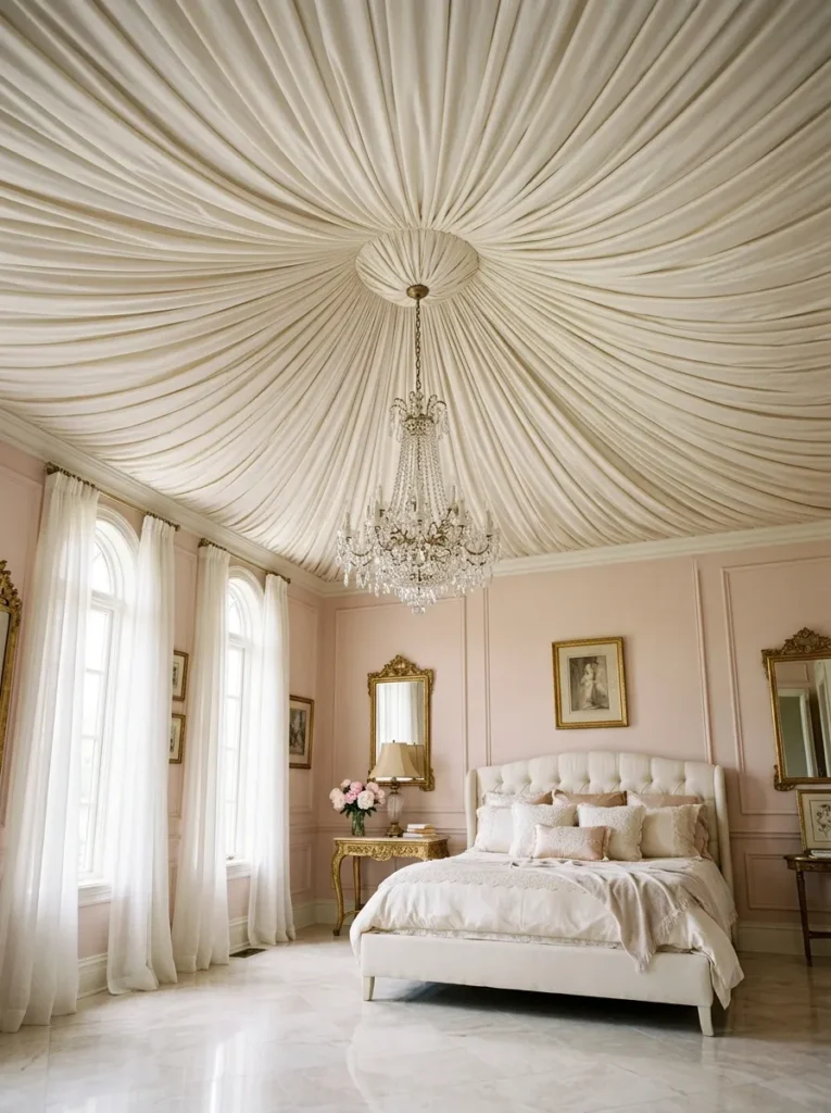 Bedroom with gathered ivory silk fabric stretched across the full ceiling for a romantic tented effect