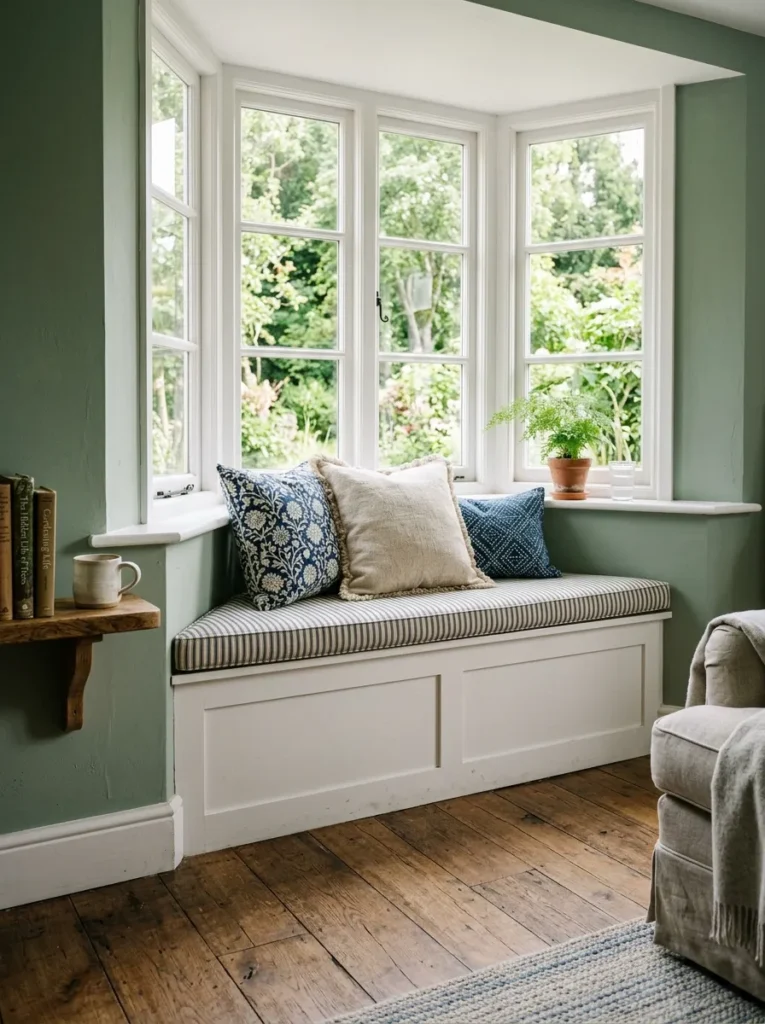 Built-in bay window seat with hinged storage, ticking stripe cushion, and scatter pillows in a family room with sage green walls and oak floors
