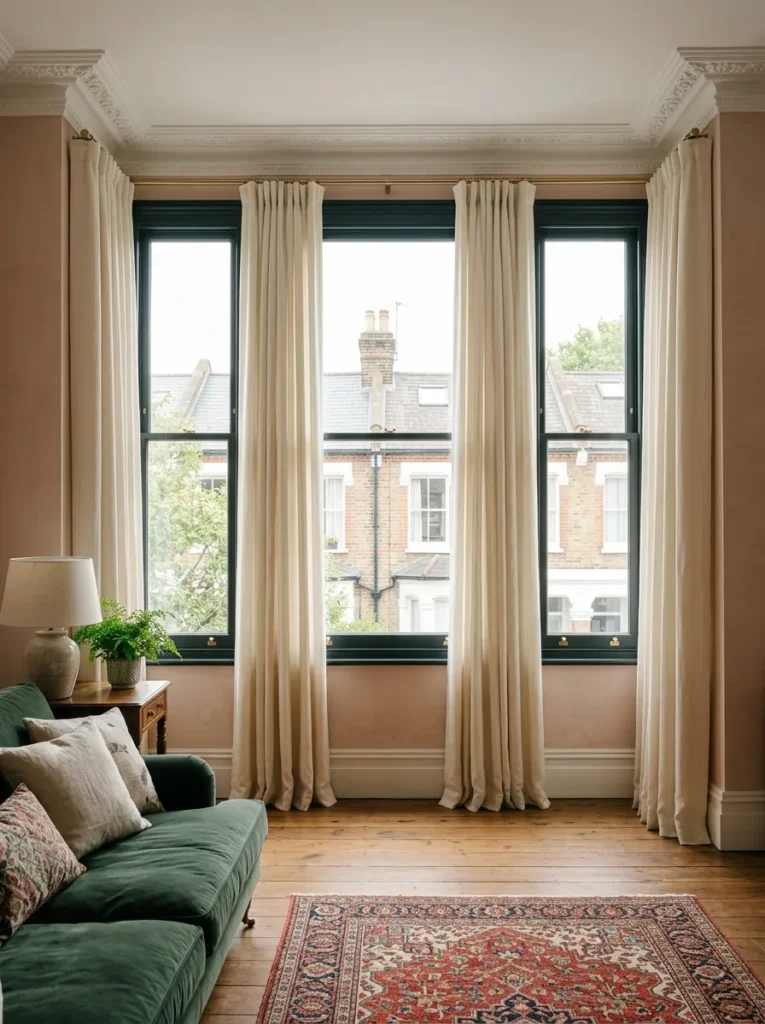 Ivory linen curtains mounted near the ceiling and falling to the floor in a family room, making the windows appear tall with diffuse morning light
