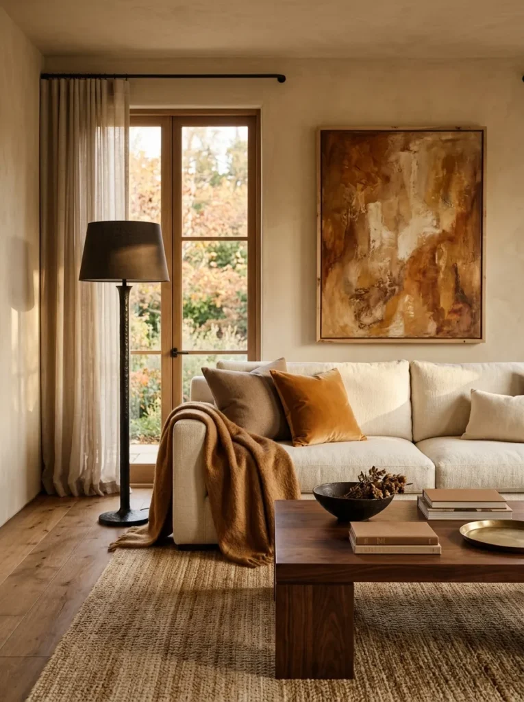 Family room in an ivory and toffee palette with a linen sofa, walnut coffee table, toffee oak floors, and hammered iron floor lamp
