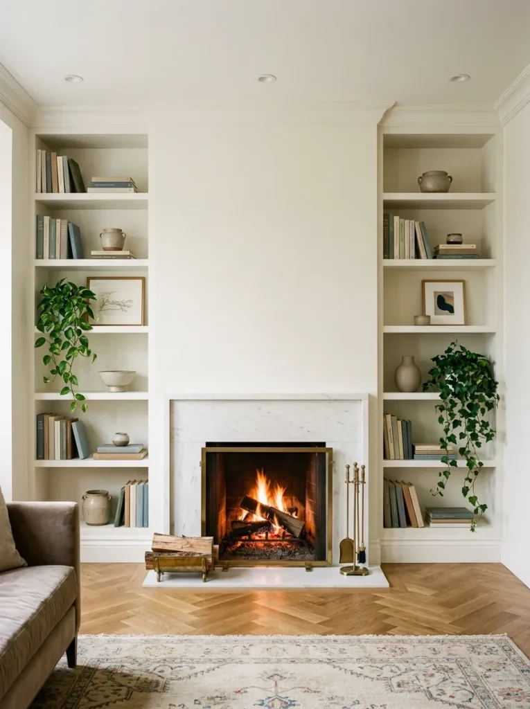 Floor-to-ceiling white built-in shelving flanking a marble fireplace in a family room with herringbone parquet floors and curated book and ceramic styling
