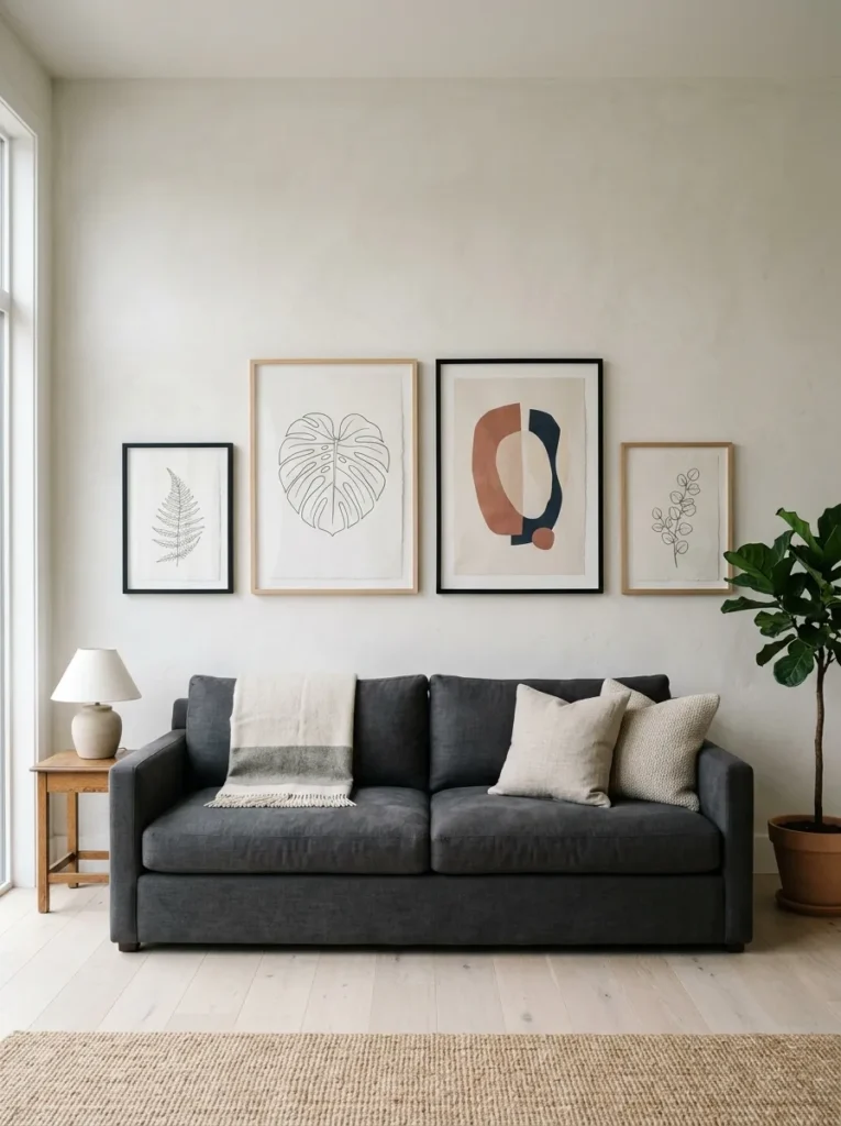 Four framed botanical and abstract artworks hung at eye level above a charcoal sofa in a family room with clay white walls and ash floors
