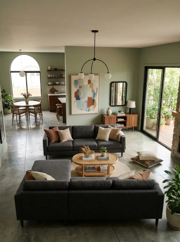 Charcoal L-shaped sectional with chaise oriented toward the room entry in an open-plan family room with concrete floors and a rattan coffee table

