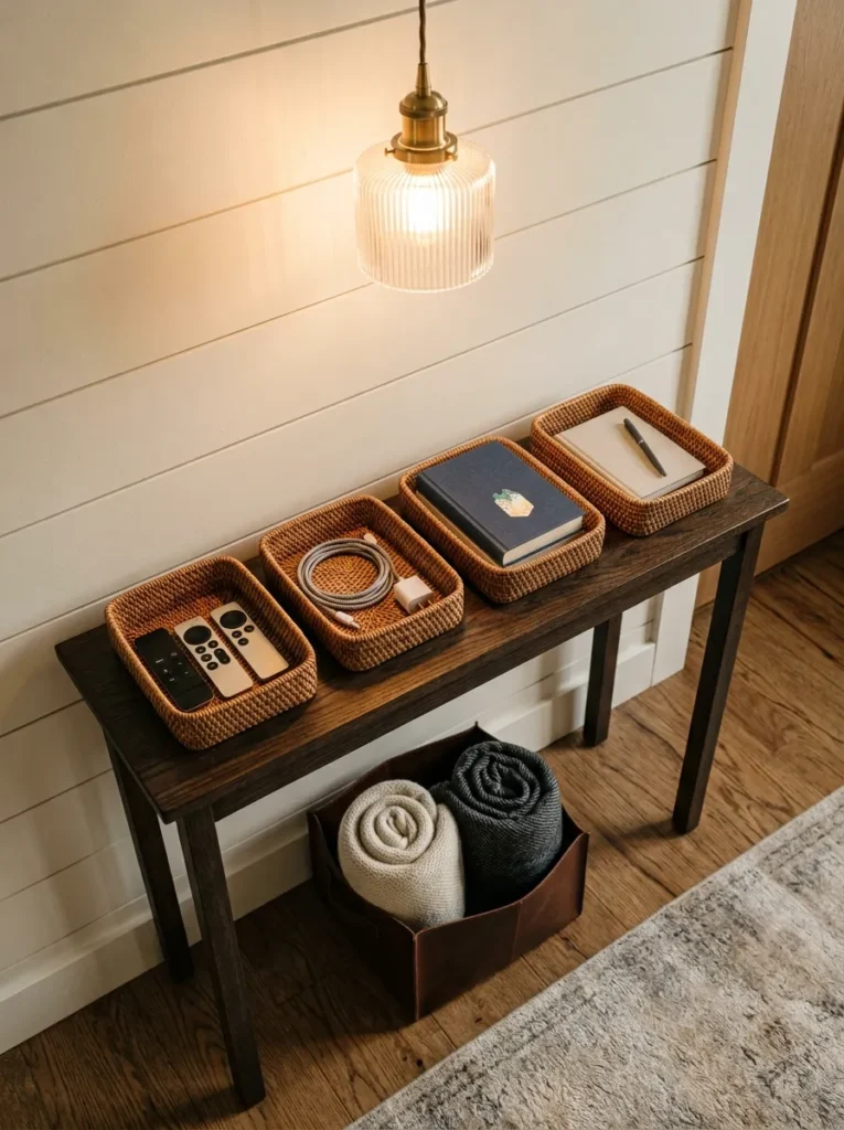 Narrow oak console near a family room entry with individual woven trays for remotes, chargers, and everyday items under a warm pendant light
