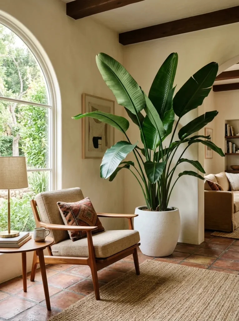 Oversized Bird of Paradise plant in a matte white pot reaching toward the ceiling beside a mid-century teak armchair in a family room corner
