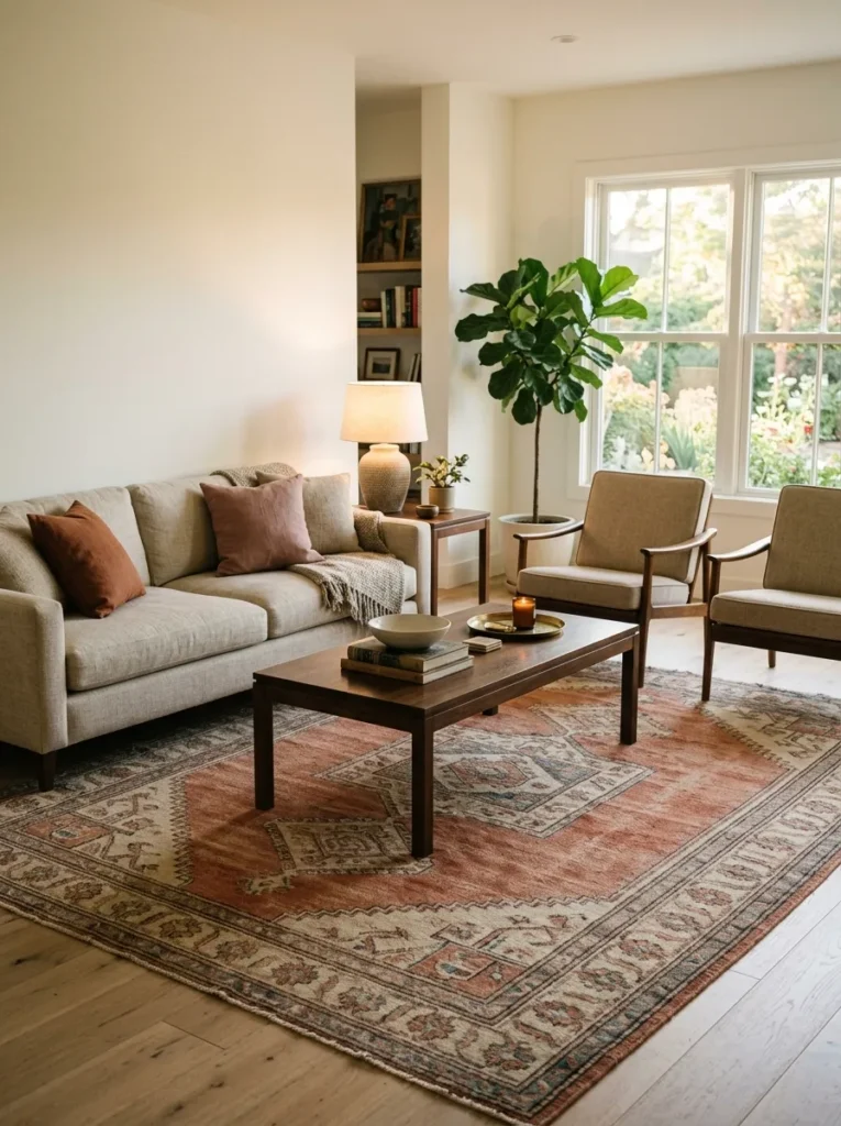 Large terracotta wool rug anchoring a linen sofa and walnut armchairs in a family room with pale oak floors and warm afternoon light
