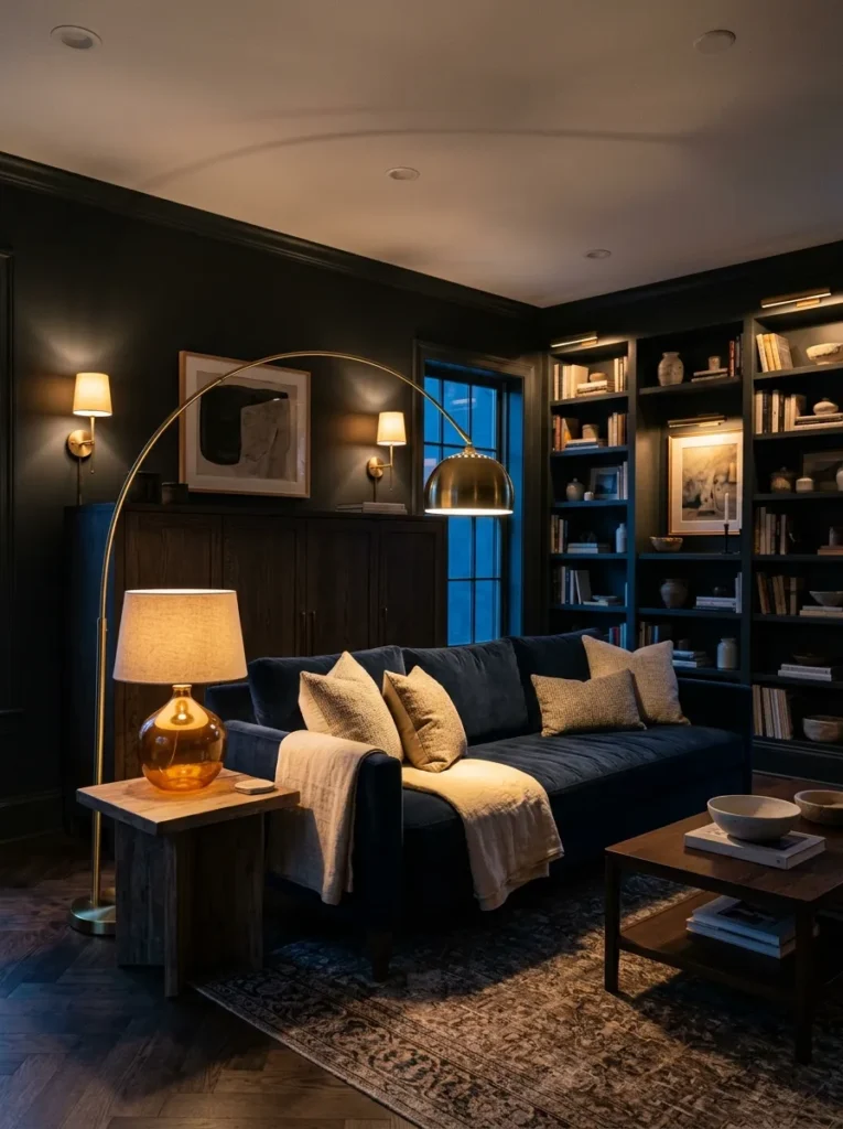 Family room at dusk with layered lighting from a table lamp, arc floor lamp, and plug-in brass sconces against dark charcoal walls
