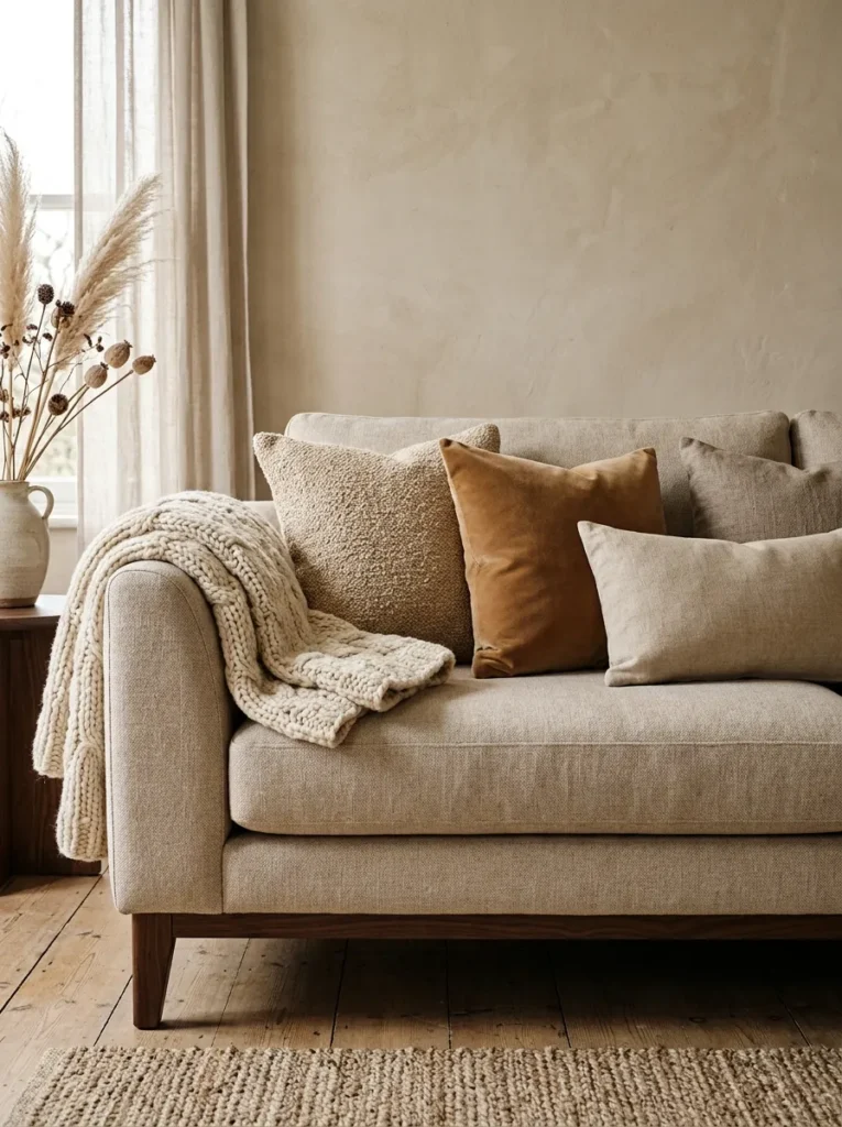 Family room sofa styled with layered wool, velvet, linen, and boucle cushions and throws in a tonal sand and caramel palette