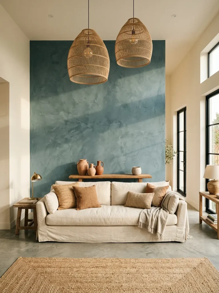 Limewash-treated dusty blue-green accent wall behind a cream sofa in a family room with white surrounding walls and rattan pendant lights

