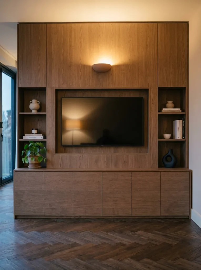 Wide smoked oak media console with closed cabinet doors and two open display bays below a television on a terracotta wall in a family room
