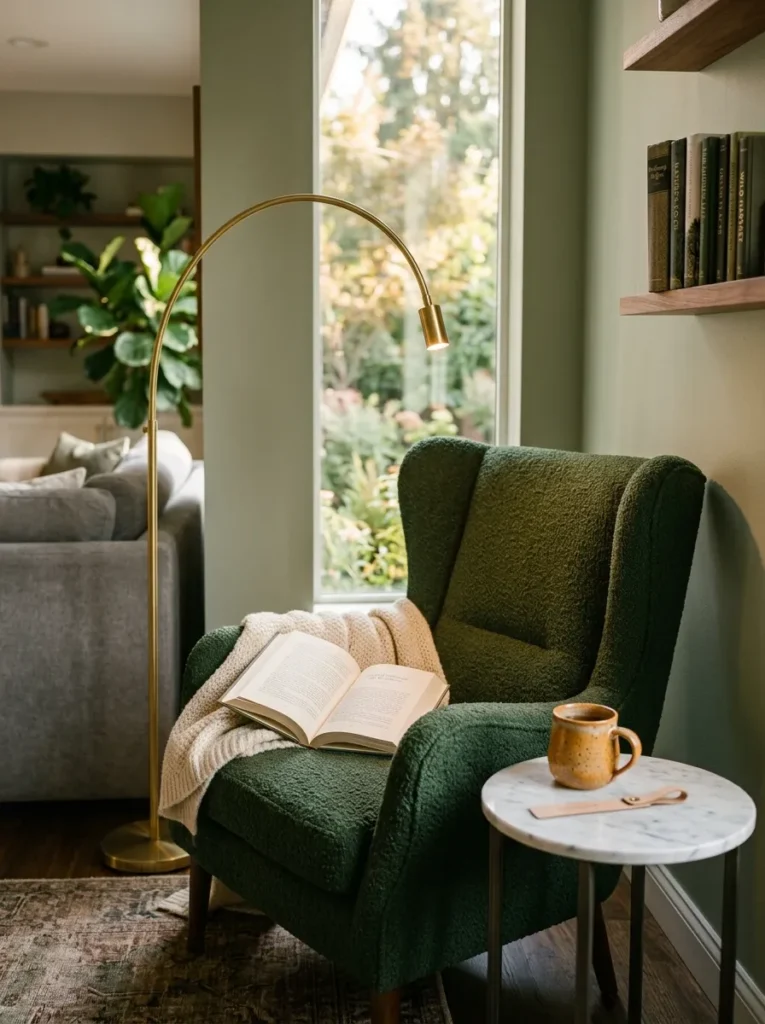 Forest green boucle wingback chair angled toward a narrow window with a brass arc floor lamp and marble side table in a family room reading corner
