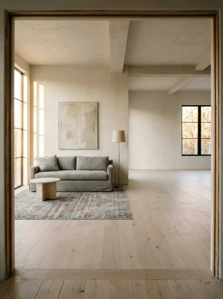 Spacious family room with a single grey sofa on a faded Persian rug and deliberately open floor space, demonstrating intentional restraint
