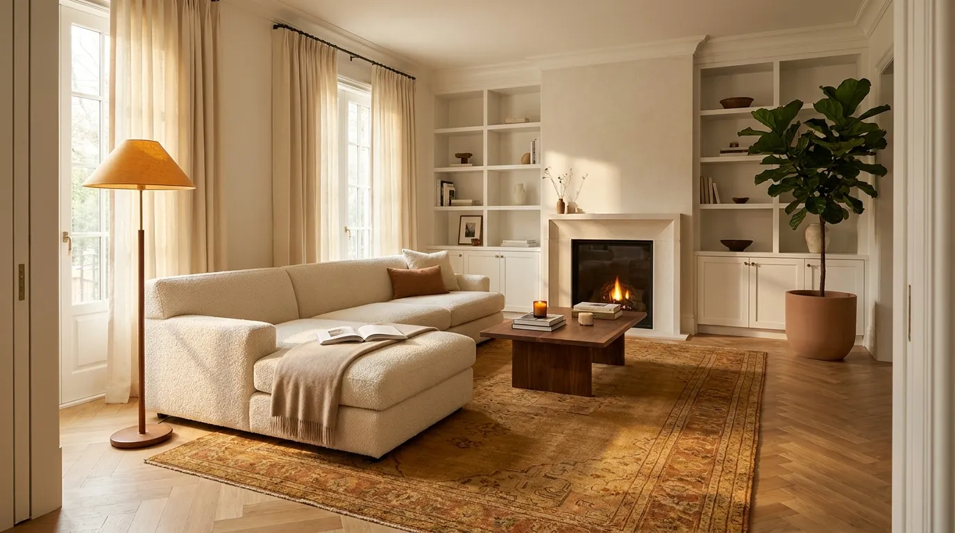 Cream bouclé sectional on a large ochre wool rug in a family room with floor-to-ceiling white built-ins flanking a limestone fireplace and warm layered lighting