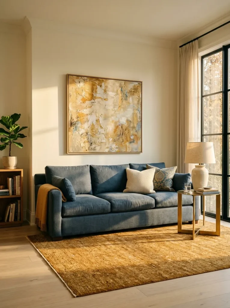 Deep slate-blue linen sofa in a family room bathed in warm west-facing afternoon light with cream walls and a brass side table
