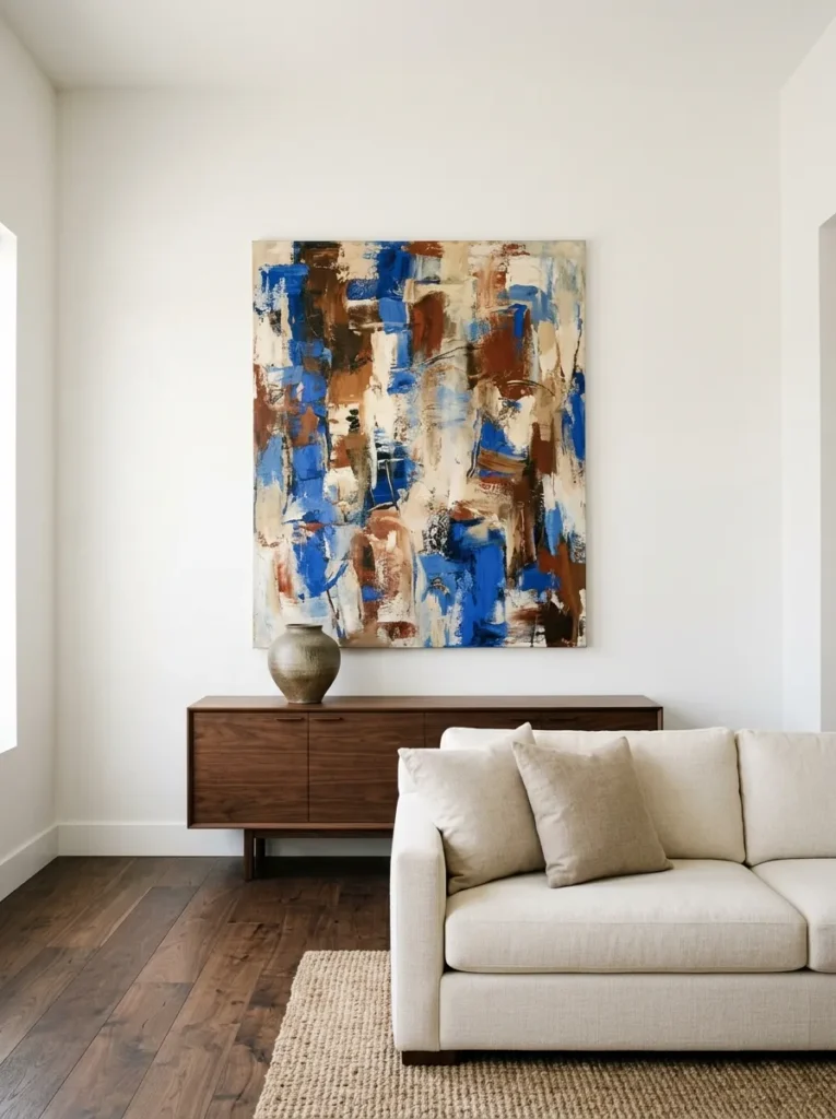 Large abstract canvas above a low credenza with one ceramic piece in a minimal family room with cream sofa and wide-plank walnut floors
