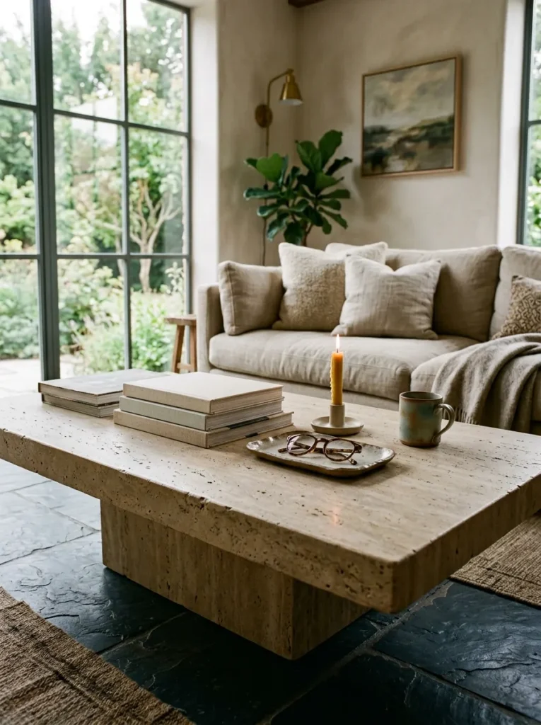 Stone-composite coffee table at sofa seat height styled with art books, a ceramic tray, and a candle in a family room with linen seating
