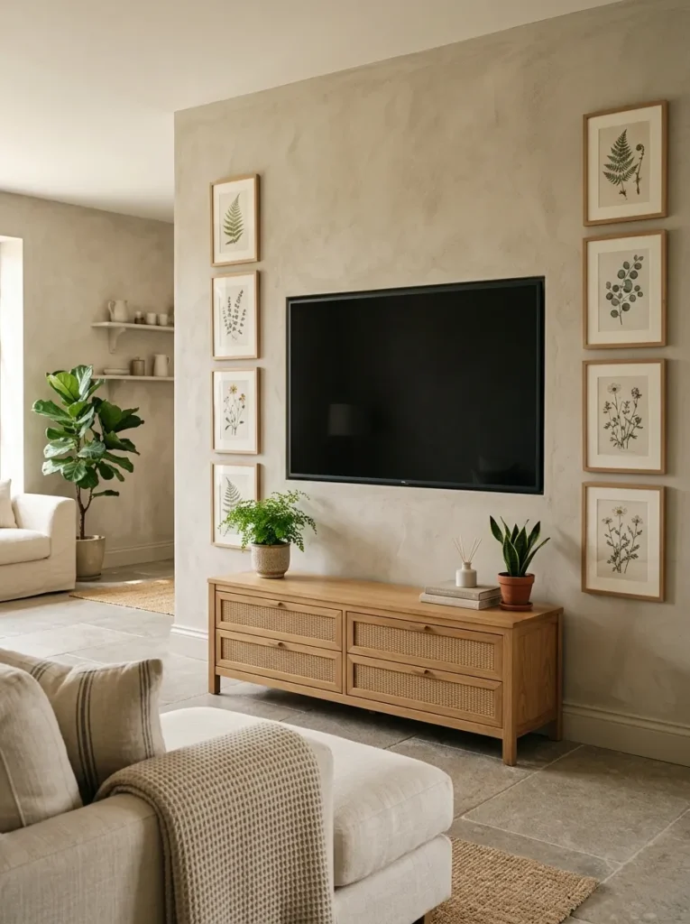Television mounted at seated eye level on a textured greige wall above an oak media console with woven basket drawers in a family room
