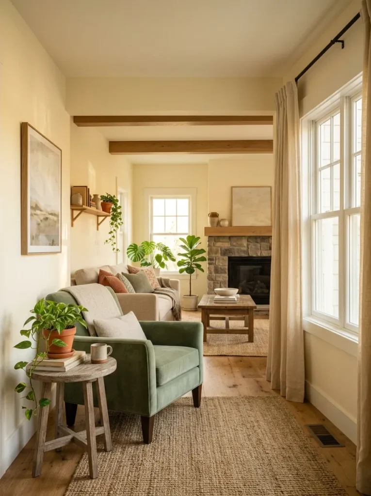 Family room painted in warm ivory white with morning light from east-facing windows, sage velvet armchair, jute rug, and ecru linen curtains
