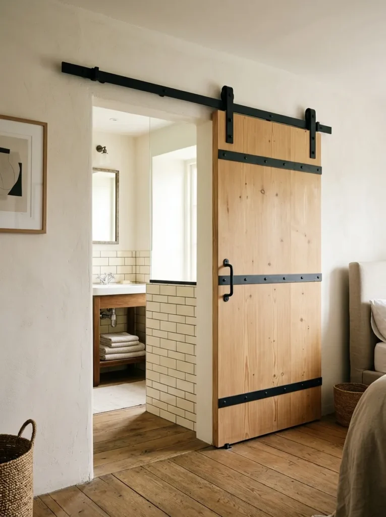 Natural pine barn door on a matte black iron track in the open position leading to a farmhouse bedroom en suite
