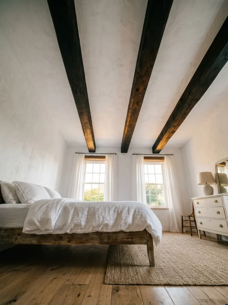 Farmhouse bedroom with three dark stained wood ceiling beams, white plaster ceiling, and sheer-curtained windows
