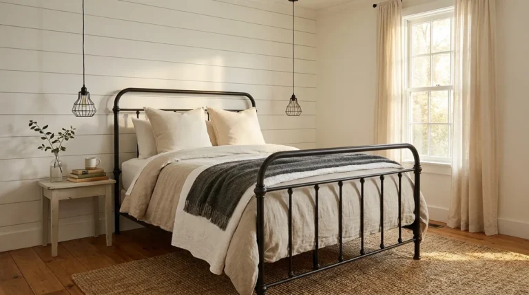Farmhouse bedroom with matte black iron bed, shiplap accent wall, cage pendant lights, and layered linen bedding on wide plank floors
