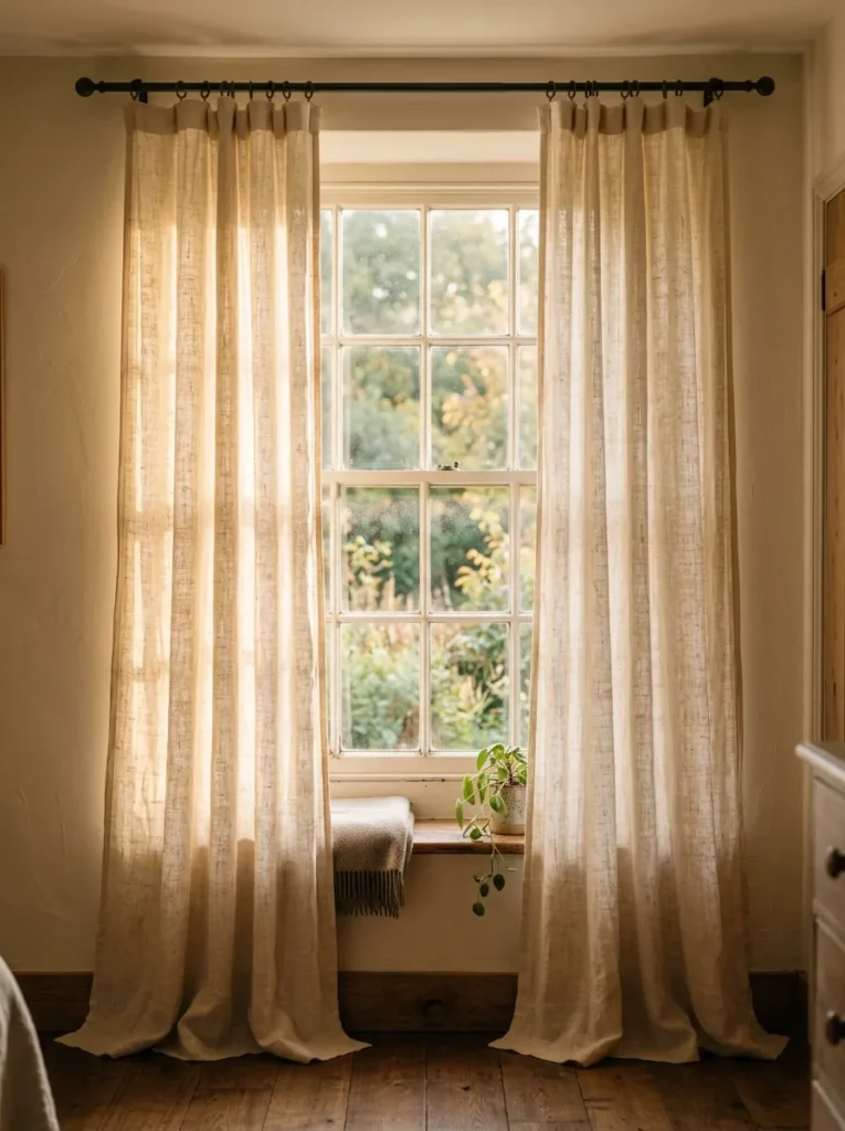 Unlined cream linen curtains on an iron rod at ceiling height filtering afternoon sunlight in a farmhouse bedroom
