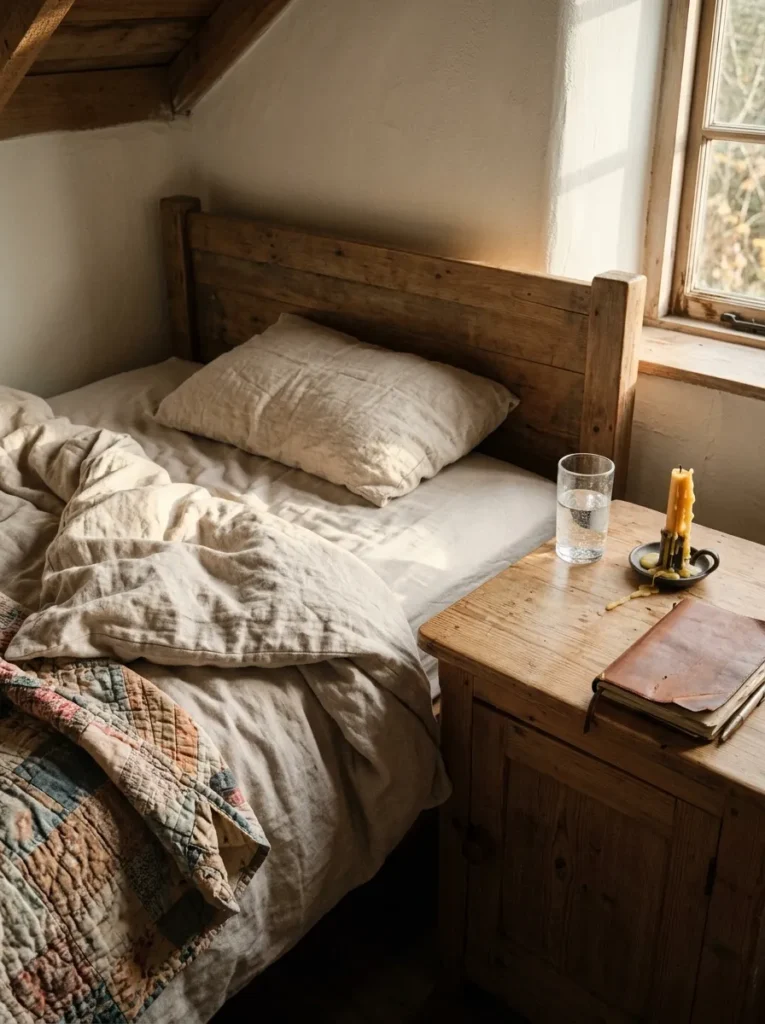 Lived-in farmhouse bed corner with rumpled linen, a loose quilt, and a bedside table with an open book, water glass, and half-burned candle
