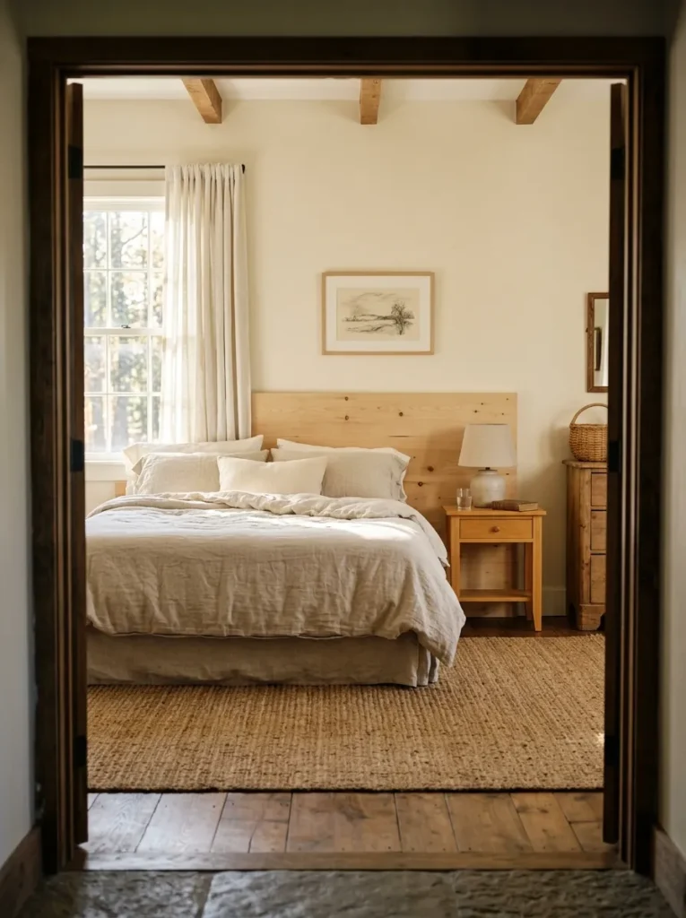 Farmhouse bedroom in a warm neutral palette of cream walls, oatmeal linen bedding, honey pine headboard, and jute rug
