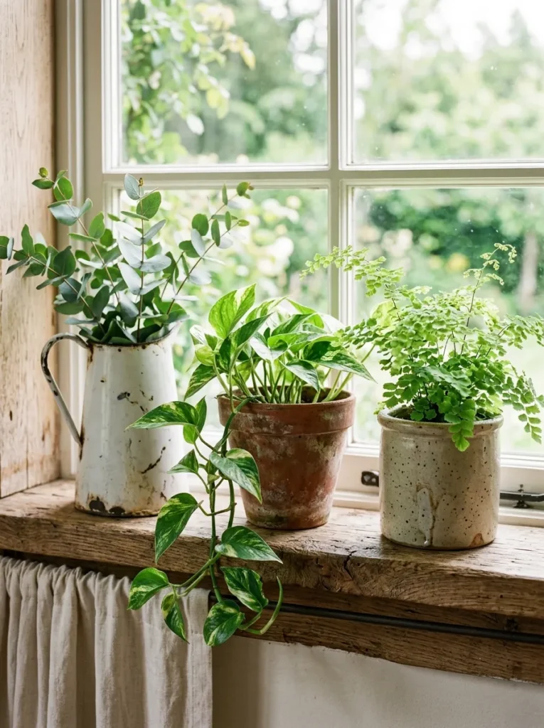 Windowsill with plants in an enamel jug, terracotta pot, and stoneware crock in morning light in a farmhouse bedroom
