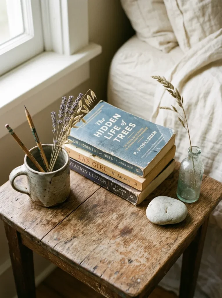 Farmhouse bedside table with a ceramic mug, stacked paperbacks, river stone, and dried stem in a glass bottle in morning light
