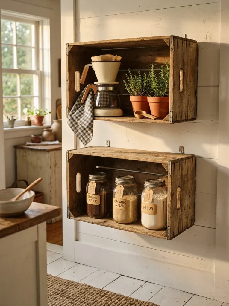  Farmhouse coffee station with wall-mounted wooden crates and labeled mason jars on a white counter 