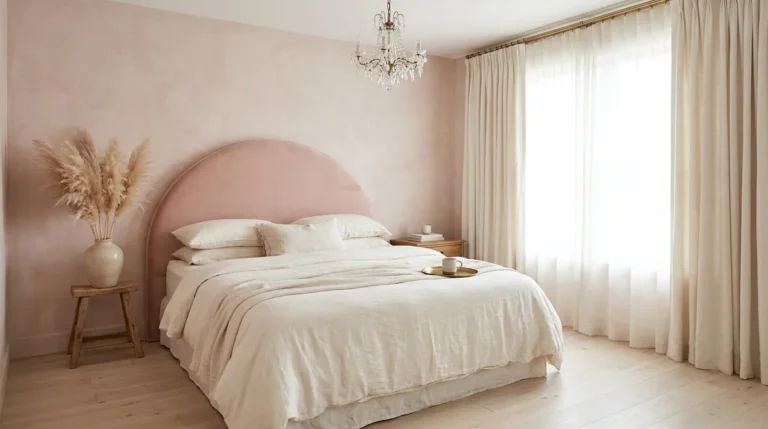 Soft feminine bedroom with a curved blush velvet headboard, chandelier, and ivory linen bedding