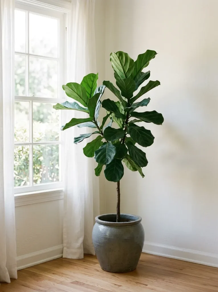 Single large fiddle-leaf fig in a matte grey ceramic pot in a bright bedroom corner near a window

