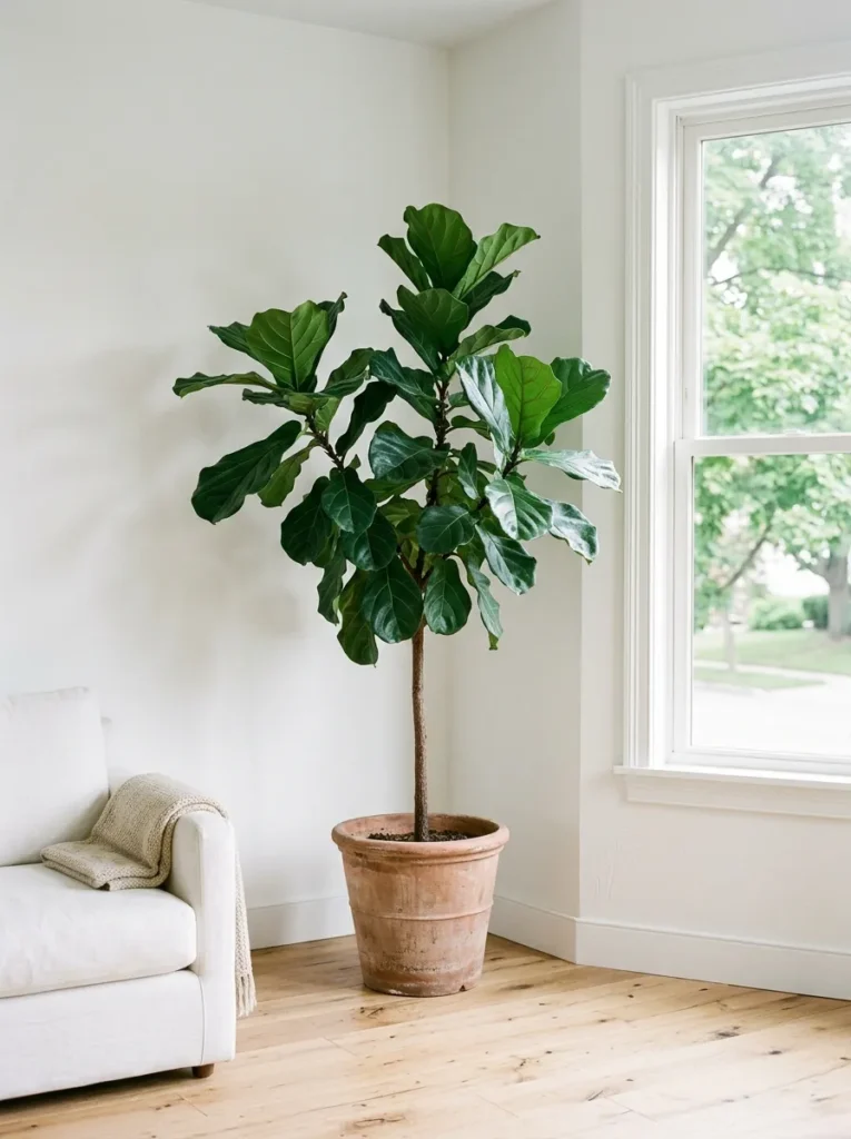 Large fiddle-leaf fig in an unglazed terracotta pot positioned in a bright corner of a white living room, leaves contrasting against the pale wall
