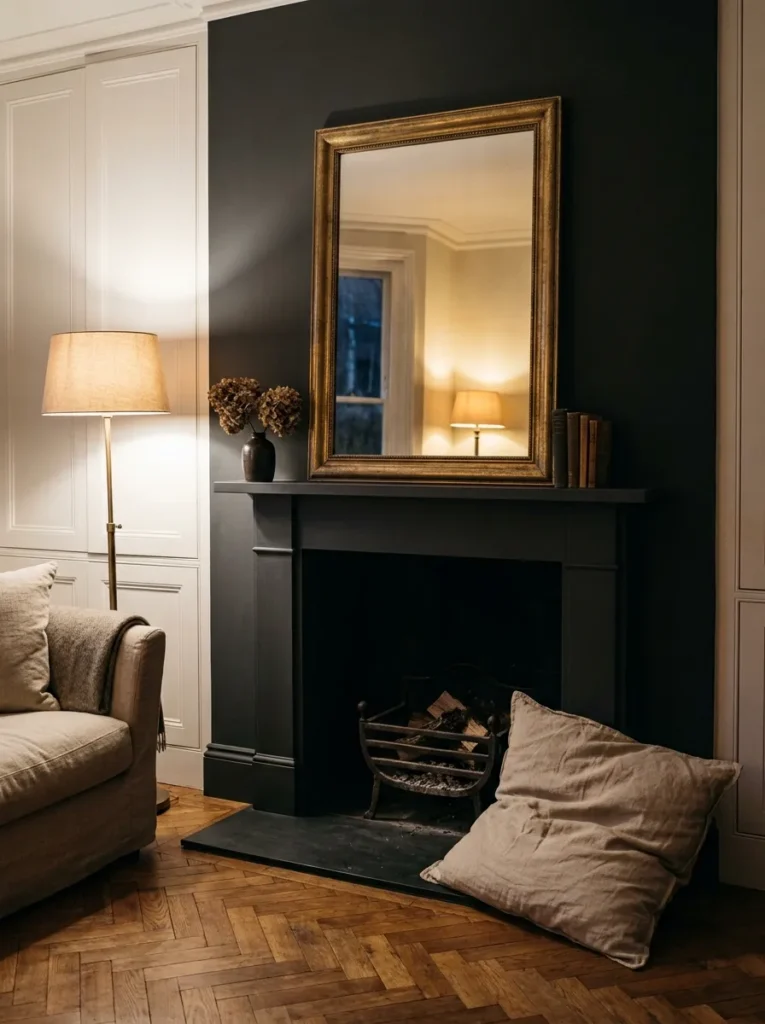 Large aged brass leaning mirror above a dark painted mantel reflecting warm lamplight in a fireplace sitting area
