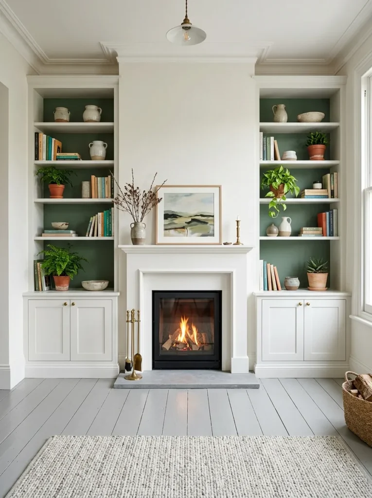 White built-in shelving flanking a painted fireplace surround, with green-backed shelves styled with books and ceramics
