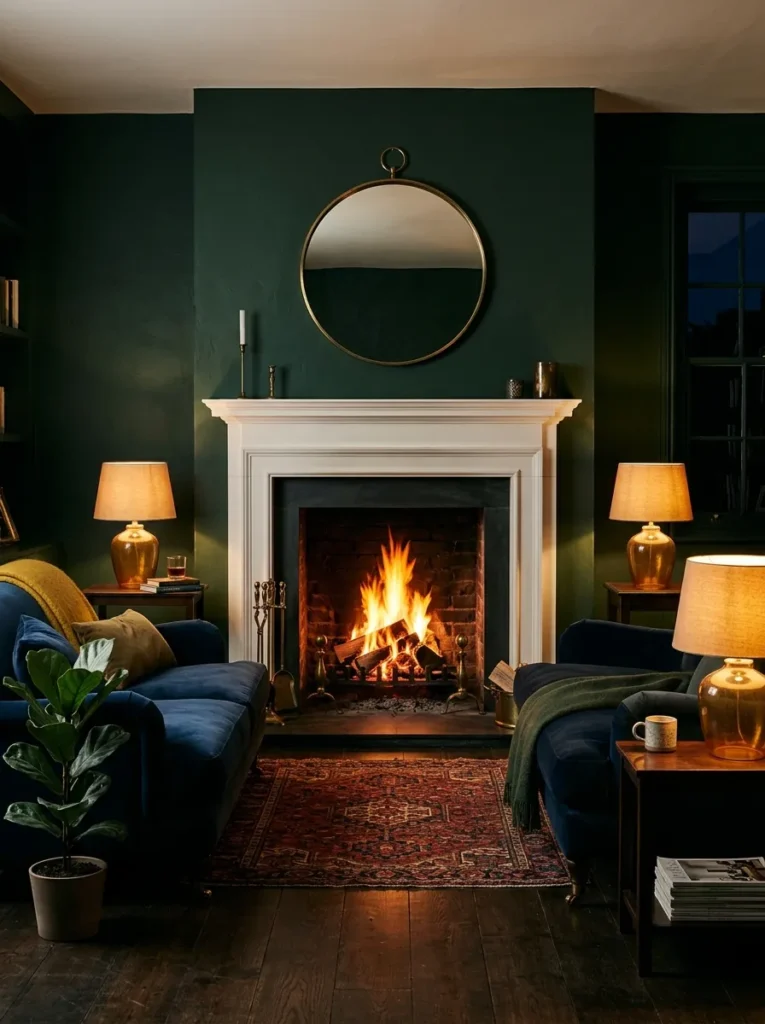 Moody living room with deep green walls, a white fireplace surround, velvet sofa, and brass accessories lit by firelight
