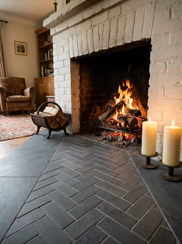 Wide dark slate hearth extension in front of a white brick fireplace with pillar candles and a log holder
