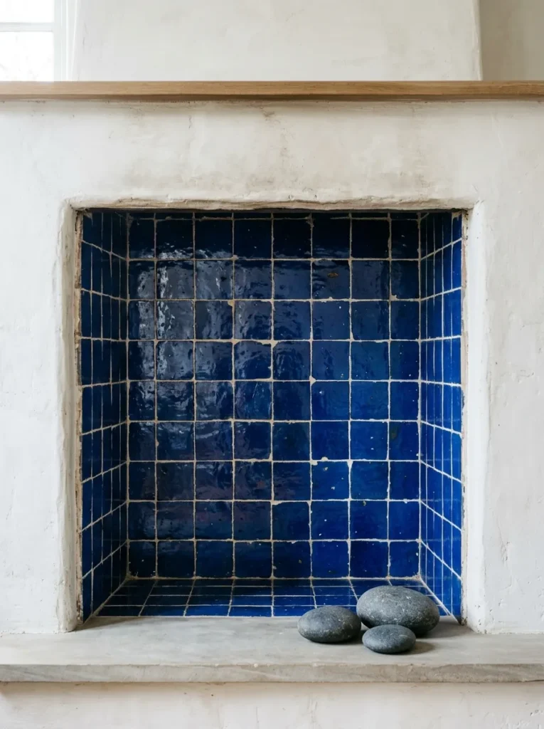 Fireplace firebox lined with handmade cobalt blue zellige tiles set within a white plaster surround
