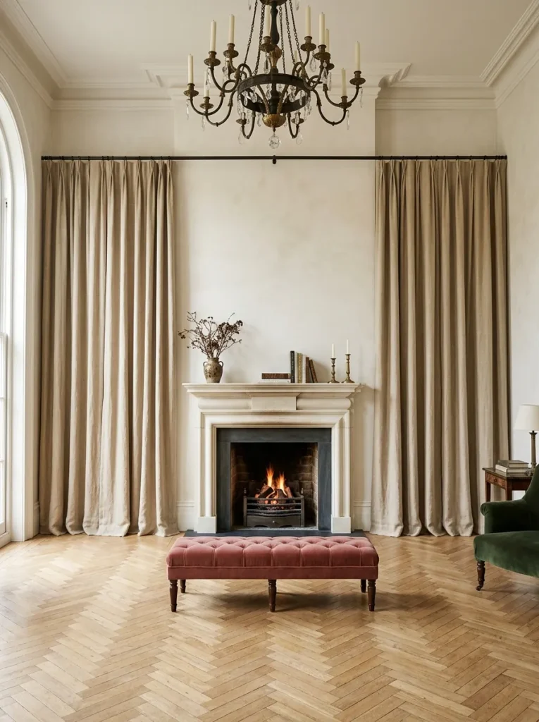 High-ceilinged living room with floor-to-ceiling sand linen curtains framing a painted stone fireplace surround
