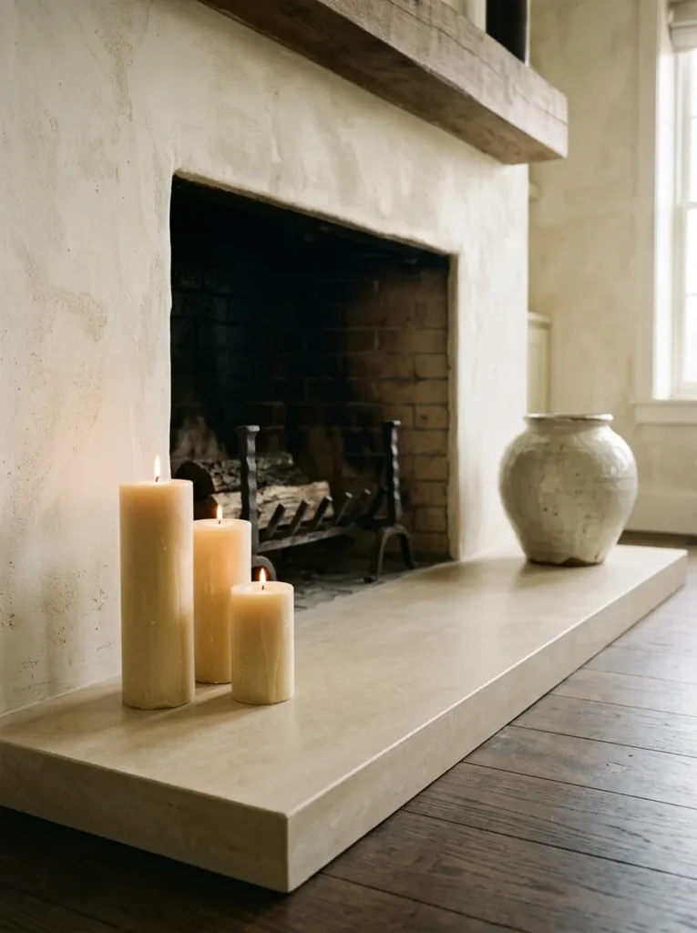 Limestone hearth styled with pillar candles and a stoneware vessel in front of a limewash plaster fireplace
